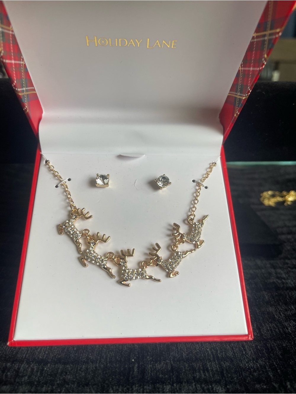 Holiday Lane Gold Reindeer Pendant Necklace with Crystal Studs